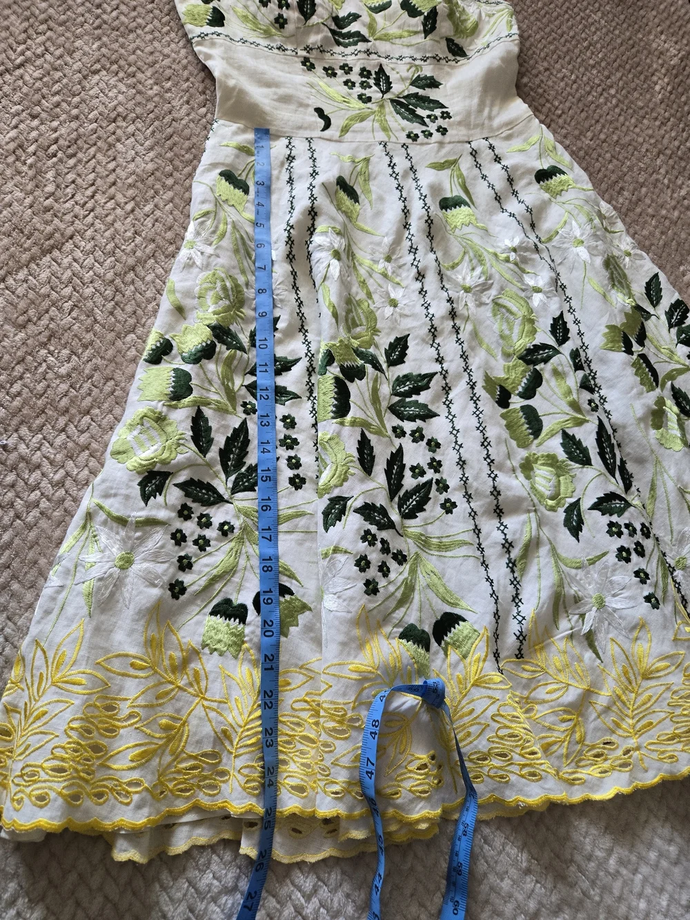Sue Wong 100% Linen Embroidered Floral Dress Size 8 White Green Yellow